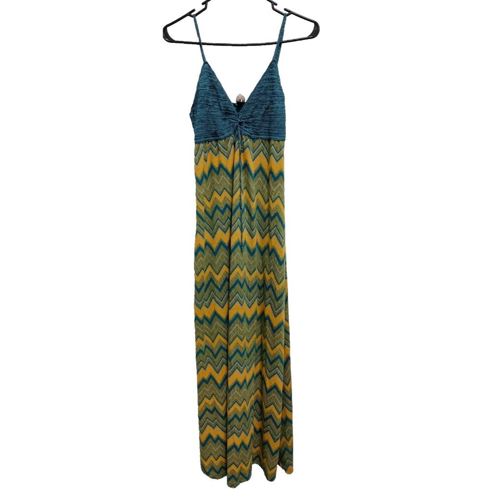 Vintage Y2K Cool Attitudes Babydoll Maxi Dress Small Teal Yellow Crochet BOHO